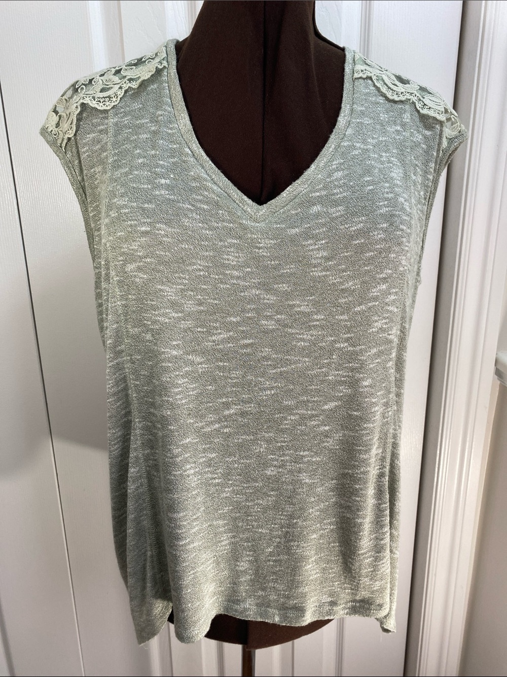 2 for $25 - Penningtons Lace Shoulder V-Neck Tank, Sage Green, X Plus, XL, 14-16